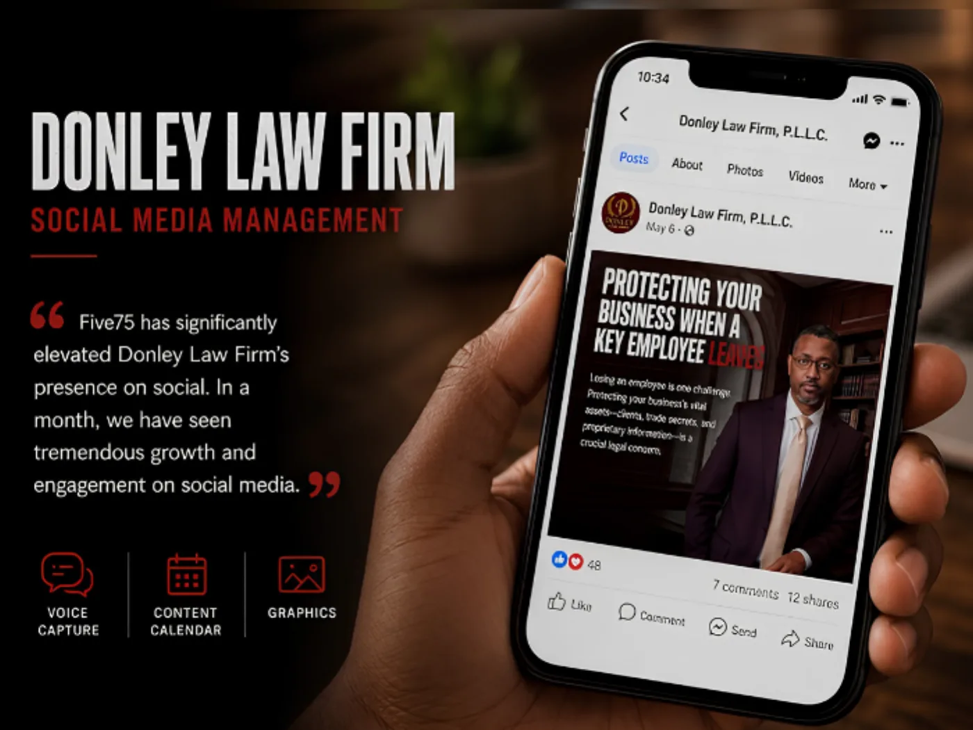 Donley Law Firm social media management: voice capture, content calendar, and branded post graphics shown on mobile, alongside a quote from Amber Donley of Donley Law Firm, P.L.: Five75 has significantly elevated Donley Law Firm's presence on social. In a month, we have seen tremendous growth and engagement on social media.