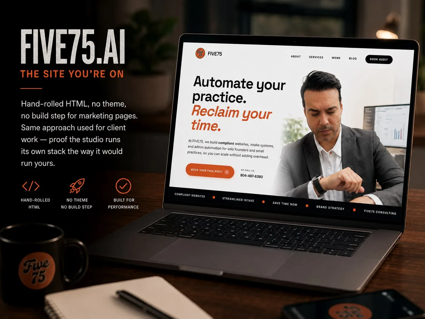 five75.ai homepage on a laptop: hand-rolled HTML, no theme, no build step