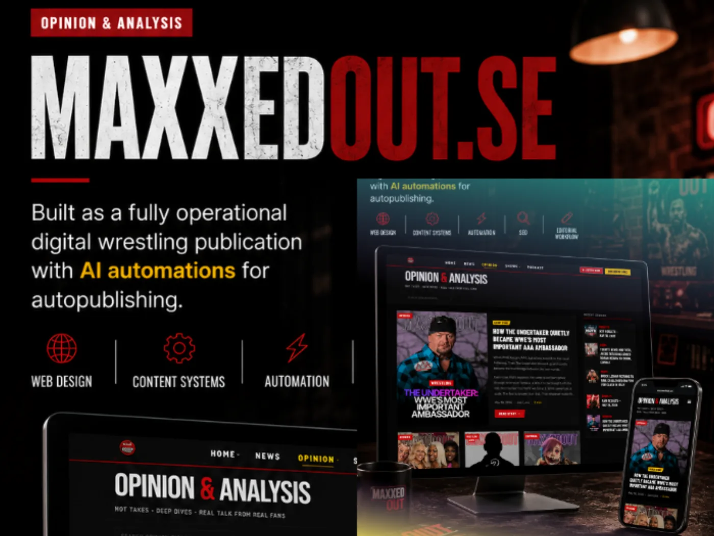 MaxxedOut.se editorial site shown on desktop and mobile: sports-entertainment publication with AI publishing automation
